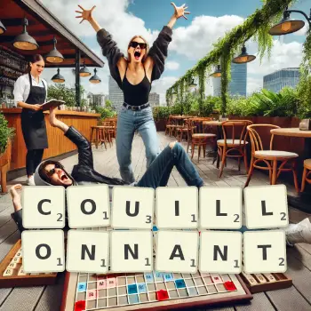 Illustration créative d'un jeu de lettres avec le mot COUILLONNANT épelé sur le plateau.