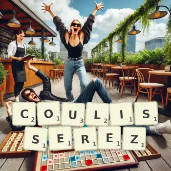 Illustration créative d'un jeu de lettres avec le mot COULISSEREZ épelé sur le plateau.