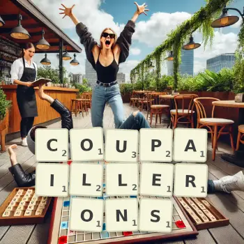 Illustration créative d'un jeu de lettres avec le mot COUPAILLERONS épelé sur le plateau.
