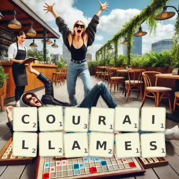 Illustration créative d'un jeu de lettres avec le mot COURAILLAMES épelé sur le plateau.