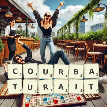 Illustration créative d'un jeu de lettres avec le mot COURBATURAIT épelé sur le plateau.