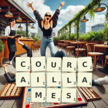 Illustration créative d'un jeu de lettres avec le mot COURCAILLAMES épelé sur le plateau.