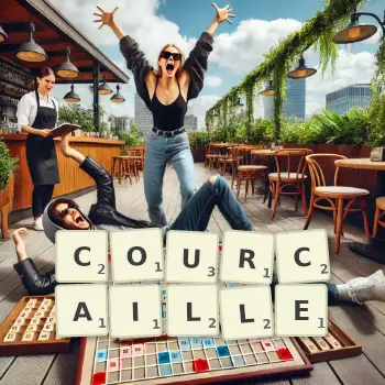 Illustration créative d'un jeu de lettres avec le mot COURCAILLE épelé sur le plateau.
