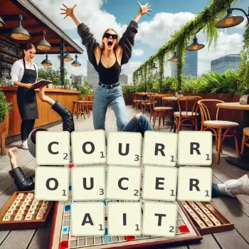 Illustration créative d'un jeu de lettres avec le mot COURROUCERAIT épelé sur le plateau.