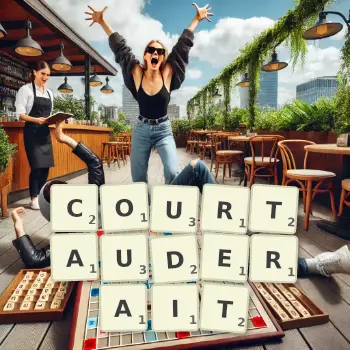 Illustration créative d'un jeu de lettres avec le mot COURTAUDERAIT épelé sur le plateau.