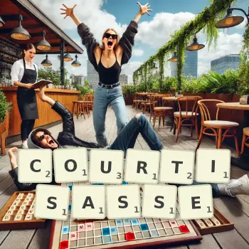 Illustration créative d'un jeu de lettres avec le mot COURTISASSE épelé sur le plateau.