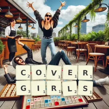 Illustration créative d'un jeu de lettres avec le mot COVERGIRLS épelé sur le plateau.