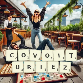 Illustration créative d'un jeu de lettres avec le mot COVOITURIEZ épelé sur le plateau.