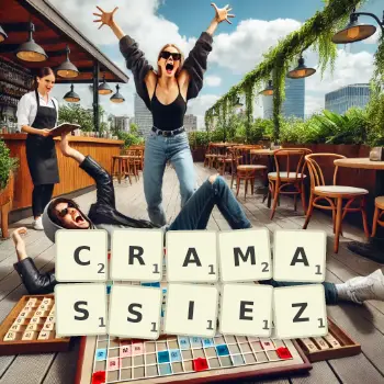 Illustration créative d'un jeu de lettres avec le mot CRAMASSIEZ épelé sur le plateau.