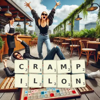 Illustration créative d'un jeu de lettres avec le mot CRAMPILLON épelé sur le plateau.