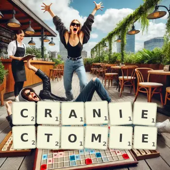 Illustration créative d'un jeu de lettres avec le mot CRANIECTOMIE épelé sur le plateau.
