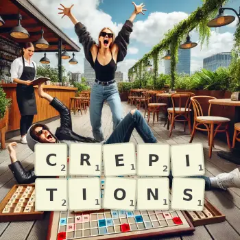 Illustration créative d'un jeu de lettres avec le mot CREPITIONS épelé sur le plateau.