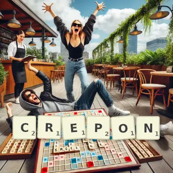 Illustration créative d'un jeu de lettres avec le mot CREPON épelé sur le plateau.