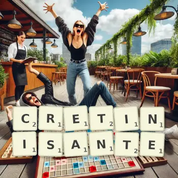 Illustration créative d'un jeu de lettres avec le mot CRETINISANTE épelé sur le plateau.