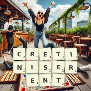 Illustration créative d'un jeu de lettres avec le mot CRETINISERENT épelé sur le plateau.