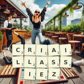 Illustration créative d'un jeu de lettres avec le mot CRIAILLASSIEZ épelé sur le plateau.