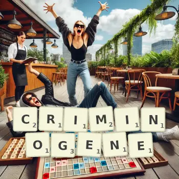 Illustration créative d'un jeu de lettres avec le mot CRIMINOGENE épelé sur le plateau.