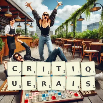 Illustration créative d'un jeu de lettres avec le mot CRITIQUERAIS épelé sur le plateau.