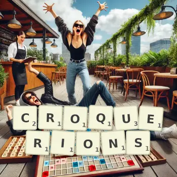 Illustration créative d'un jeu de lettres avec le mot CROQUERIONS épelé sur le plateau.