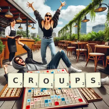 Illustration créative d'un jeu de lettres avec le mot CROUPS épelé sur le plateau.