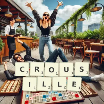 Illustration créative d'un jeu de lettres avec le mot CROUSILLE épelé sur le plateau.