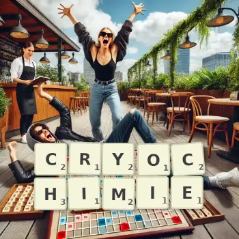 Illustration créative d'un jeu de lettres avec le mot CRYOCHIMIE épelé sur le plateau.