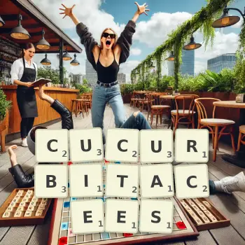 Illustration créative d'un jeu de lettres avec le mot CUCURBITACEES épelé sur le plateau.