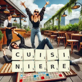 Illustration créative d'un jeu de lettres avec le mot CUISINIERE épelé sur le plateau.