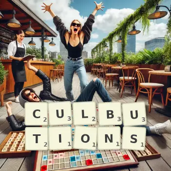 Illustration créative d'un jeu de lettres avec le mot CULBUTIONS épelé sur le plateau.