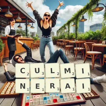 Illustration créative d'un jeu de lettres avec le mot CULMINERAI épelé sur le plateau.