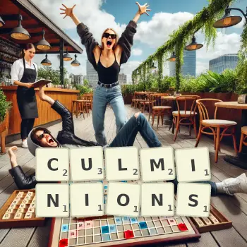 Illustration créative d'un jeu de lettres avec le mot CULMINIONS épelé sur le plateau.