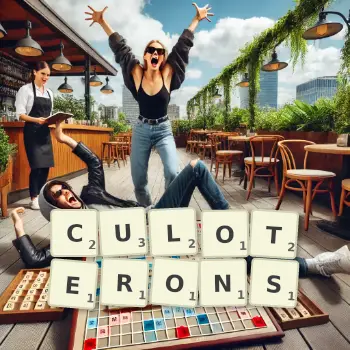 Illustration créative d'un jeu de lettres avec le mot CULOTERONS épelé sur le plateau.