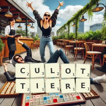 Illustration créative d'un jeu de lettres avec le mot CULOTTIERE épelé sur le plateau.