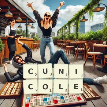 Illustration créative d'un jeu de lettres avec le mot CUNICOLE épelé sur le plateau.