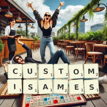 Illustration créative d'un jeu de lettres avec le mot CUSTOMISAMES épelé sur le plateau.