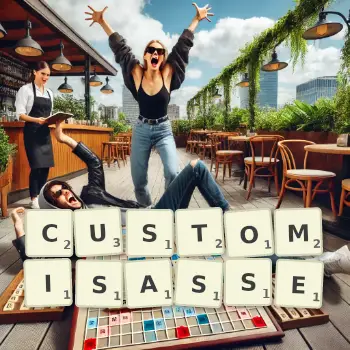 Illustration créative d'un jeu de lettres avec le mot CUSTOMISASSE épelé sur le plateau.