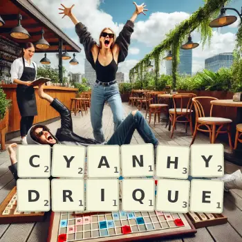 Illustration créative d'un jeu de lettres avec le mot CYANHYDRIQUE épelé sur le plateau.