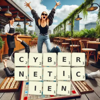 Illustration créative d'un jeu de lettres avec le mot CYBERNETICIEN épelé sur le plateau.