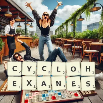 Illustration créative d'un jeu de lettres avec le mot CYCLOHEXANES épelé sur le plateau.