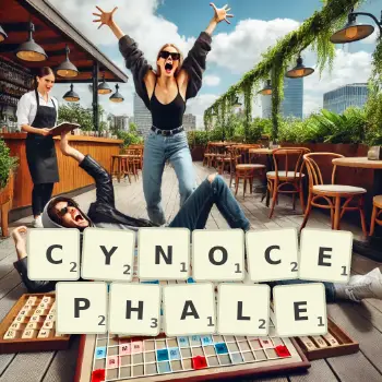 Illustration créative d'un jeu de lettres avec le mot CYNOCEPHALE épelé sur le plateau.