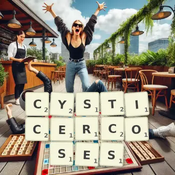Illustration créative d'un jeu de lettres avec le mot CYSTICERCOSES épelé sur le plateau.