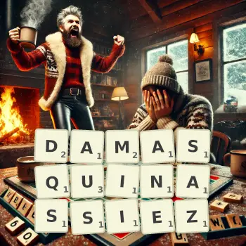 Illustration créative d'un jeu de lettres avec le mot DAMASQUINASSIEZ épelé sur le plateau.