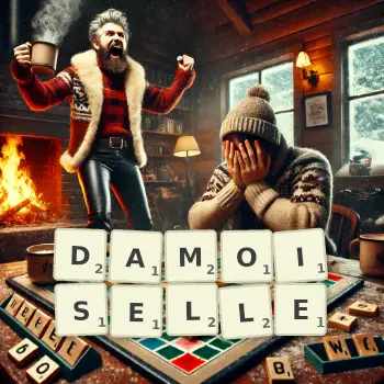 Illustration créative d'un jeu de lettres avec le mot DAMOISELLE épelé sur le plateau.
