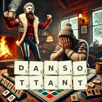 Illustration créative d'un jeu de lettres avec le mot DANSOTTANT épelé sur le plateau.