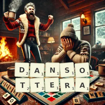Illustration créative d'un jeu de lettres avec le mot DANSOTTERA épelé sur le plateau.