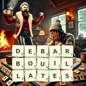 Illustration créative d'un jeu de lettres avec le mot DEBARBOUILLATES épelé sur le plateau.