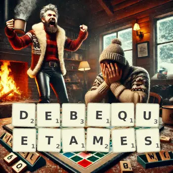 Illustration créative d'un jeu de lettres avec le mot DEBEQUETAMES épelé sur le plateau.