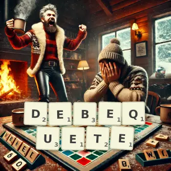 Illustration créative d'un jeu de lettres avec le mot DEBEQUETE épelé sur le plateau.