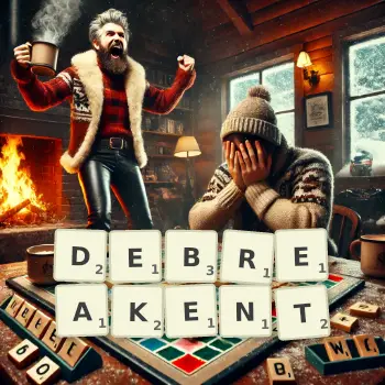 Illustration créative d'un jeu de lettres avec le mot DEBREAKENT épelé sur le plateau.