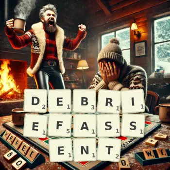 Illustration créative d'un jeu de lettres avec le mot DEBRIEFASSENT épelé sur le plateau.